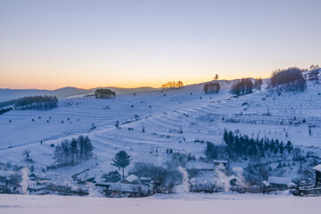 Forests and villages in jilin, China, after snow in winter