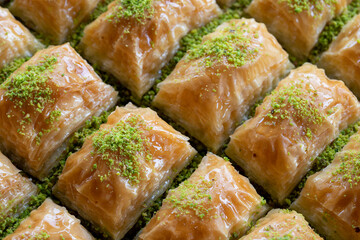 Close-up pistachio baklava. Traditional Anatolian cuisine