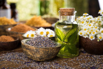 Natural remedy and mortar, healing herbs background