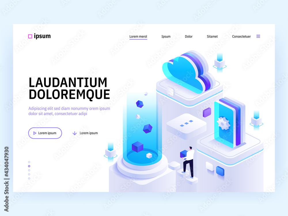 Poster vector landing page of tech isometric concept. cloud storage and computing, product and software dev
