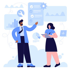 Team colleagues at office concept. Company employees discussing work assignments, teamwork on project. Task schedule, data analysis, statistics, development strategy. Vector character illustration