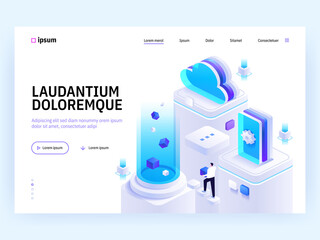Vector landing page of Tech isometric concept. Cloud storage and computing, product and software development, support and monitoring. Character illustration of advertising banner in isometry design