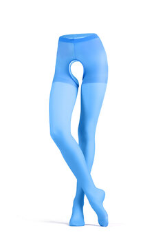 Detail shot of blue tights with erotic cutout in intimate area. Skimpy garment for special occasion is isolated on the white background.