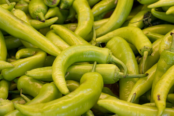 Fresh green peppers in the market. pepper in bulk. ripe peppers in a street market. yellow wax pepper