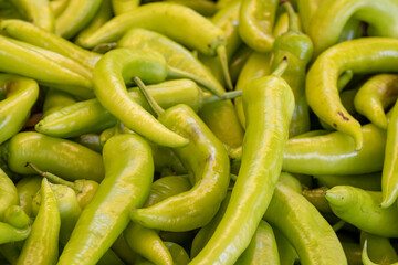 Fresh green peppers in the market. pepper in bulk. ripe peppers in a street market. yellow wax pepper