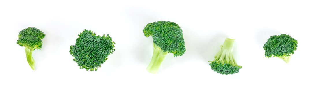 Broccoli Florets, Isolated On A White Background, Overhead Flat Lay Panorama