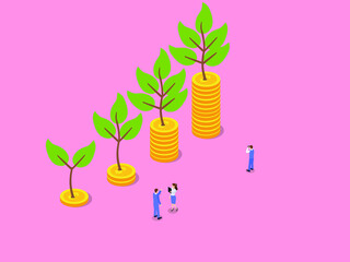 Fototapeta na wymiar Business investment vector concept. Business people standing with pile of gold coins shaped growth finance chart and growing tree