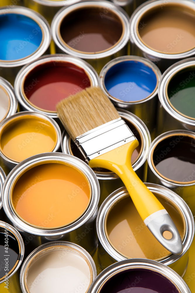 Poster Open paint cans with a brush, Rainbow colors