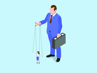 Business puppet vector concept. Male manager controlling his female employee like a marionette while working in the office