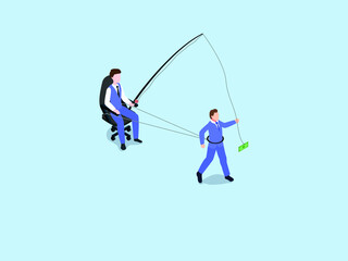 Business motivation vector concept. Male manager using rod with money to lure his employee
