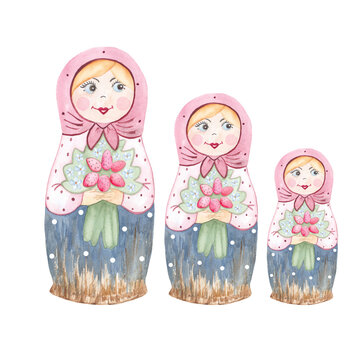 Watercolor illustration of a wooden Russian folding doll Matryoshka. Perfect for scrapbooking, printing, web design and other creative ideas.