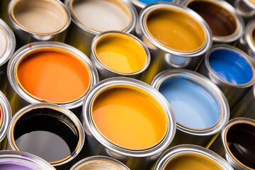 Fototapeta premium Buckets full of rainbow colored oil paint