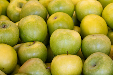 Fresh green apples in the market. green apples in bulk. ripe green apples in a street market