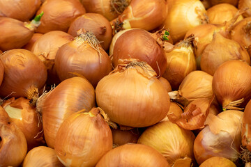fresh onions at the market. Bulk onions. ripe onions in a street market