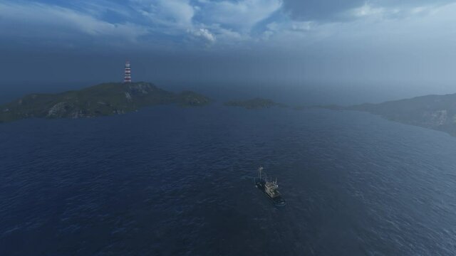 Boat approaching island and lighthouse, high view