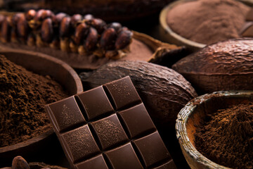 Chocolate bar, candy sweet, cacao beans and powder