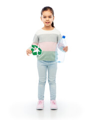 waste sorting and sustainability concept - smiling girl holding green recycling sign and plastic bottle over white background