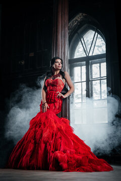 Woman Vintage Red Dress Old Castle Beautiful Princess In Seductive Dress