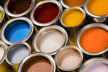 Collection of colored paints cans