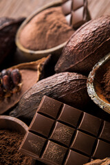 Assorted chocolate bar, candy sweet, cocoa pod