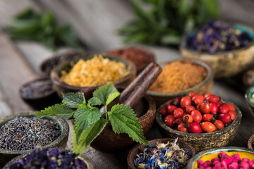 Natural remedy and wooden table background
