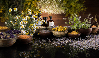 Black mirror background, Natural remedy, healing herbs