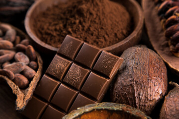Assorted chocolate bar, candy sweet, cocoa pod