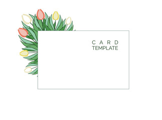 Frame with flowers and leaves of tulips. Wreath, bouquet with place for text. Modern design for invitations and cards. Vector