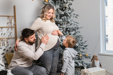 Christmas Family Happiness Portrait of dad, pregnant mom and little son  sitting armchair at home near Christmas tree hug smile