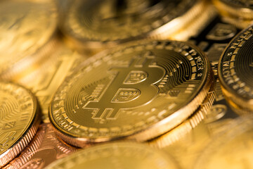 Virtual money, Currency. Bitcoin coins, financial chart