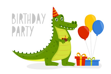 Crocodile cartoon character. Cute alligator with gift boxes and color balloons. Birthday Party. Vector illustration.
