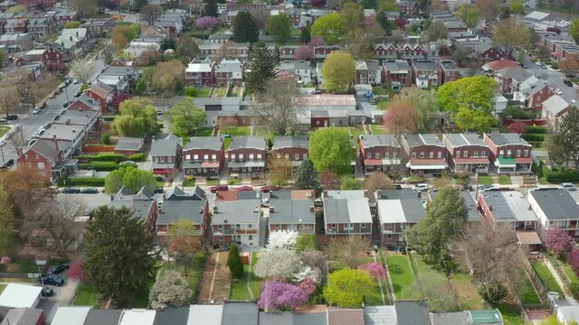 Urban city in USA. Aerial establishing shot in spring. Rows of homes and blooming trees in high density residential district in America.