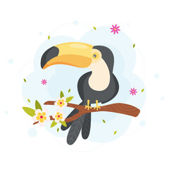 Cartoon toucan on the blossom tree. vector illustration