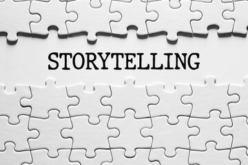 The word storytelling between the jigsaw puzzle pieces. Communication