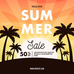 Summer sunset background. Summer sale flyer. Vector illustration