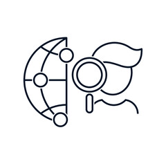 Planet, man, magnifier. Concept for international recruitment, travel. Vector icon isolated on white background. 