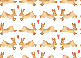 Seamless pattern with watercolor bunnies and hearts. Cute and bright pattern. Texture for fabric, wrapping paper, postcards.