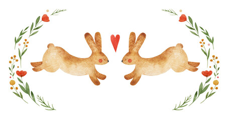 Bunnies in a floral frame with a heart. Lovers bunnies. Drawn in watercolor. Cute and bright illustration. Ideas for postcards, souvenirs, invitations.