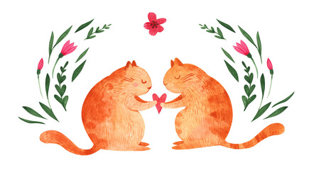 Romantic watercolor illustration with cute cats in flowers. Couple of ginger cats in love on floral background. Great floral Save the Date invitation card