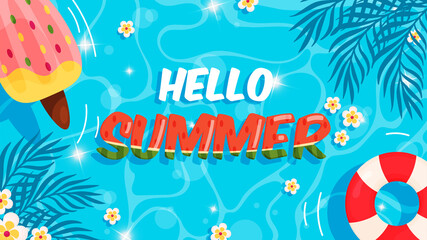 Hello summer pool background. Watermelon style lettering. Vector illustration