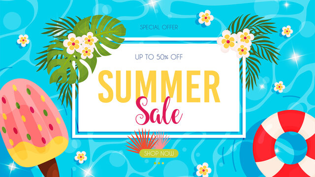 Summer sale flyer. Hello summer pool background. Vector illustration