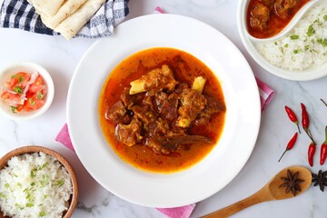 Shahi Mutton curry, Mutton masala, Mutton korma is a famous Spicy non-vegetarian dish of India. It's made out of Goat meat along with spices. Served with rice and roti. copy space.