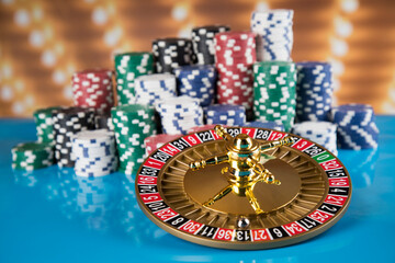 Casino roulette, running in a motion, Poker Chips