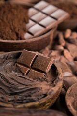 Chocolate sweet, cocoa pod and food dessert background