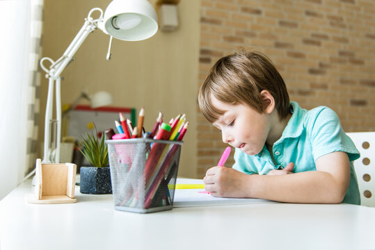 Cute child boy doing homework. Clever kid drawing at desk. Schoolboy. Elementary school student drawing at workplace. Kid enjoy learning. Home schooling. Back to school