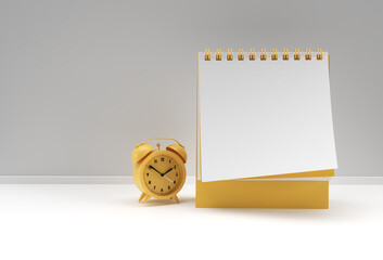 3D Render Alarm Clock with Notebook mock up with clean blank for design and advertising, 3d illustration perspective view.