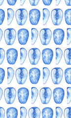 Seamless bright pattern with apples painted in blue tones. Texture for fabric, wrapping paper, postcards.