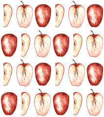 Seamless bright pattern with ripe apples, painted with watercolor. Texture for fabric, wrapping paper, postcards.