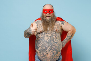 Caucasian fun emotive fat pudge obese chubby overweight blue-eyed bearded man 30s in red cartoon...