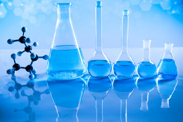 Laboratory beakers,Science experiment, blue background
